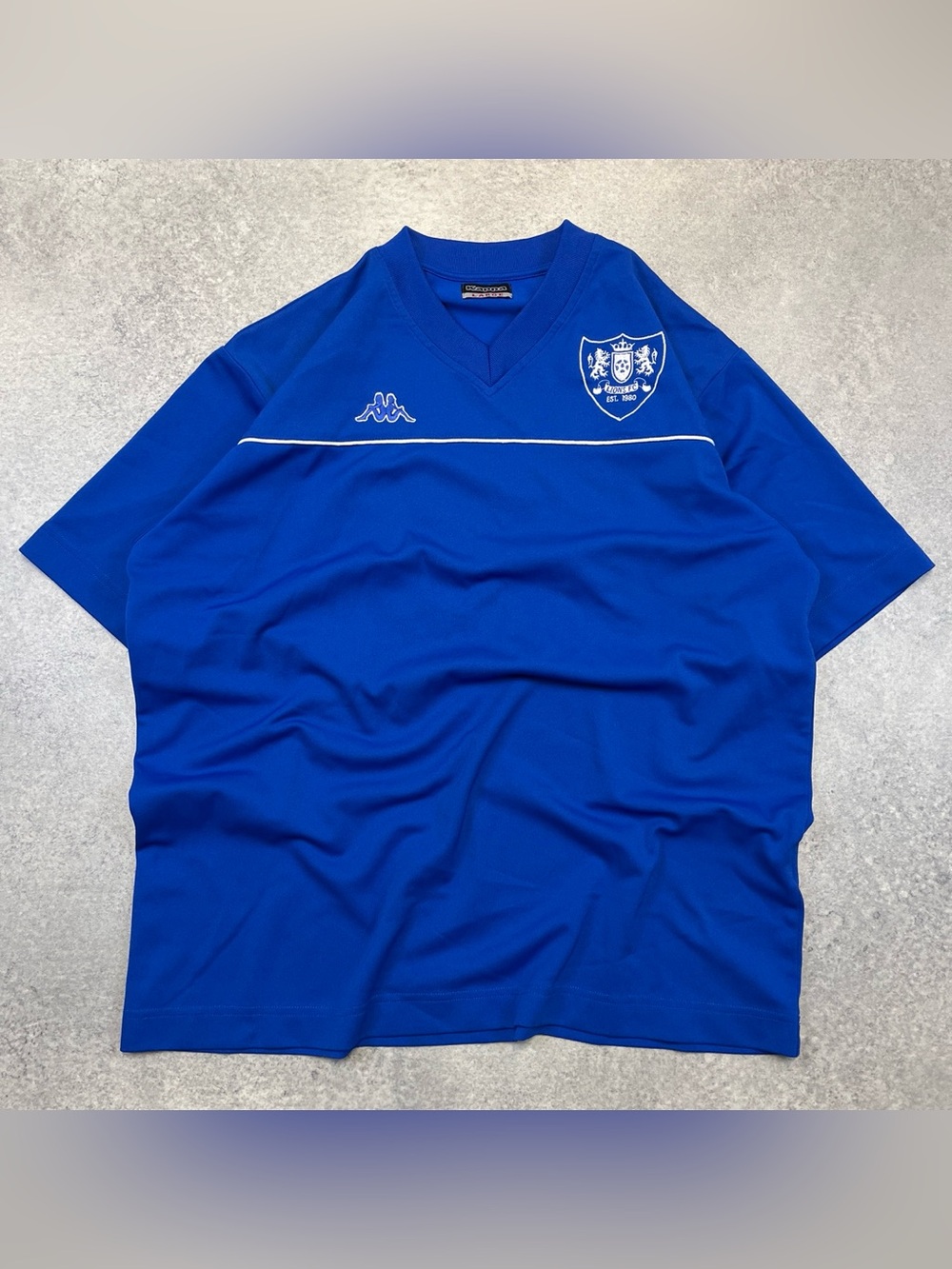 vintage 2000s y2k style Kappa blue white v-neck lions fc soccer jersey t-shirt